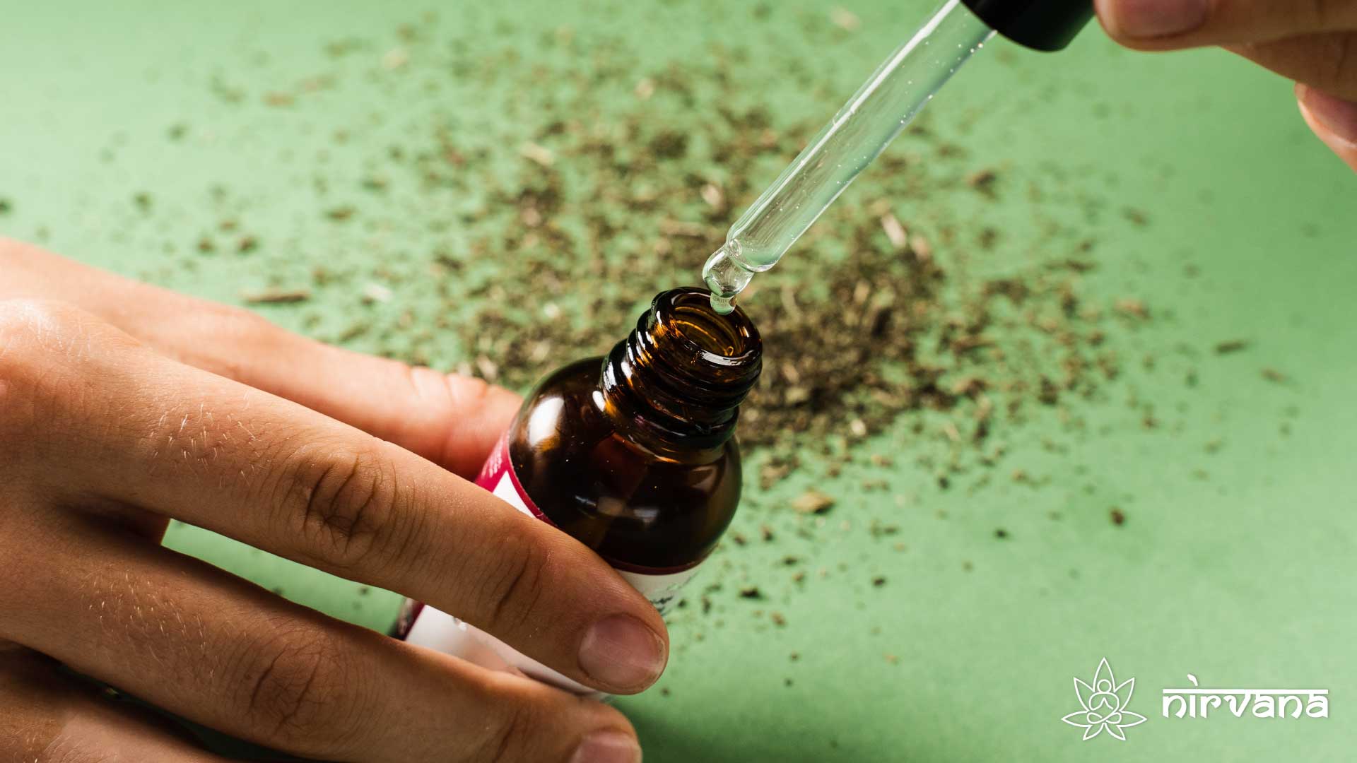 Close-up of hands holding a dropper and bottle with cannabis oil against a green background